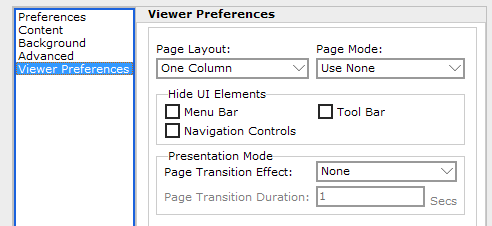 The Viewer Preferences screen in the PDF Setup dialog